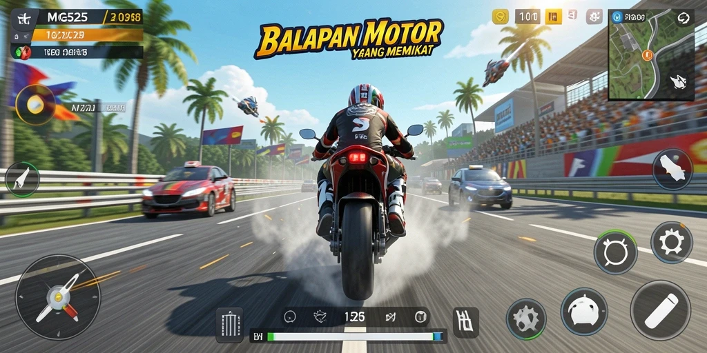 Screenshot utama MG525 menampilkan balapan motor yang penuh aksi.