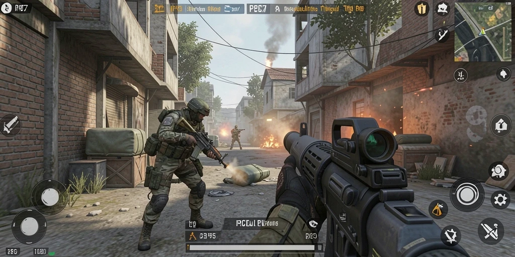 Screenshot gameplay PCPC7 menunjukkan aksi tembak-menembak yang mendebarkan.