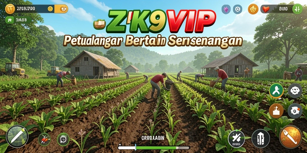 Screenshot gameplay ZK9VIP menampilkan ladang hijau yang subur dan pengelolaan tanaman.